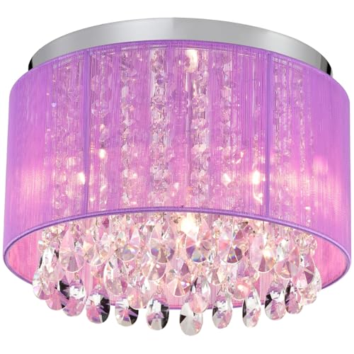 LaLuLa Purple Chandelier Drum Flush Mount Chandelier Crystal Ceiling Light Fixture 3 Light for Bedroom, Girl’s Room
