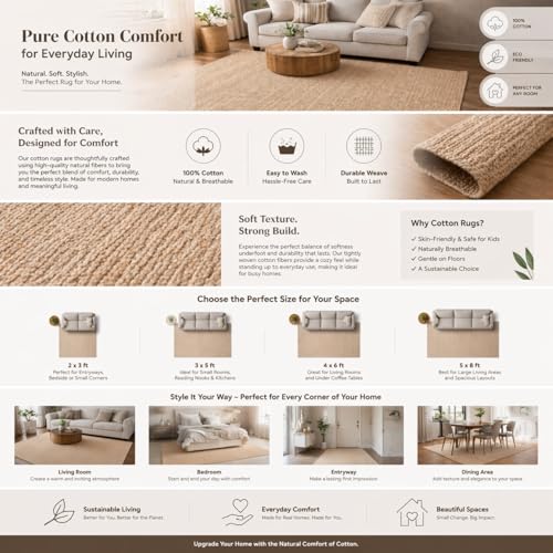 Image of Handmade Rectangular Cotton Carpet Beige Size 3x10 Feet - Natural Fiber Rug for Living Room & Bedroom | Eco-Friendly & Durable | Color- Beige