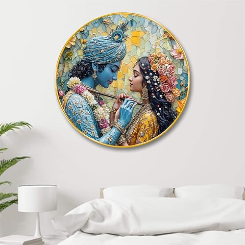 Image of Livin'luxe paintings Radha krishna religious modern art Premium Sparkle lamination Golden Slim Frame 58 cm x 58 cm Large Size, For Home /Office /Hotel painting GR-161