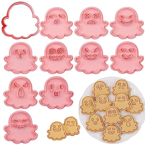 Juego de cortadores de galletas 3D de Halloween de 10 piezas, sellos de galletas de plástico de grado alimenticio, moldes de galletas de expresiones de calabaza y fantasma, molde de cortadores de