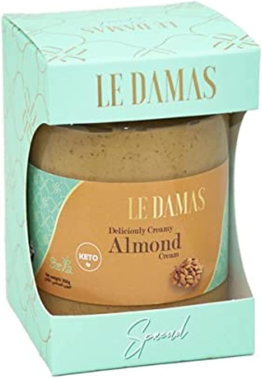 LE DAMAS Sugar-Free, Keto, contains stevia, 75% Raw Almonds, creamy texture, spread, cream, butter