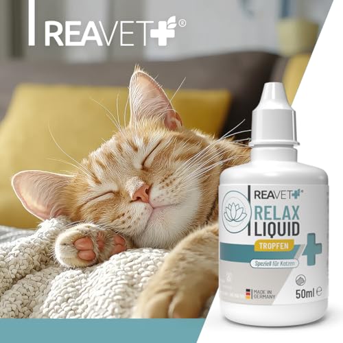 ReaVET Relax Liquid für Katzen 50ml - Beruhigung mit Baldrian, L-Tryptophan, Vitamin B12 & Melisse I Beruhigungstropfen bei Silvester, auf Reisen & Autofahrt
