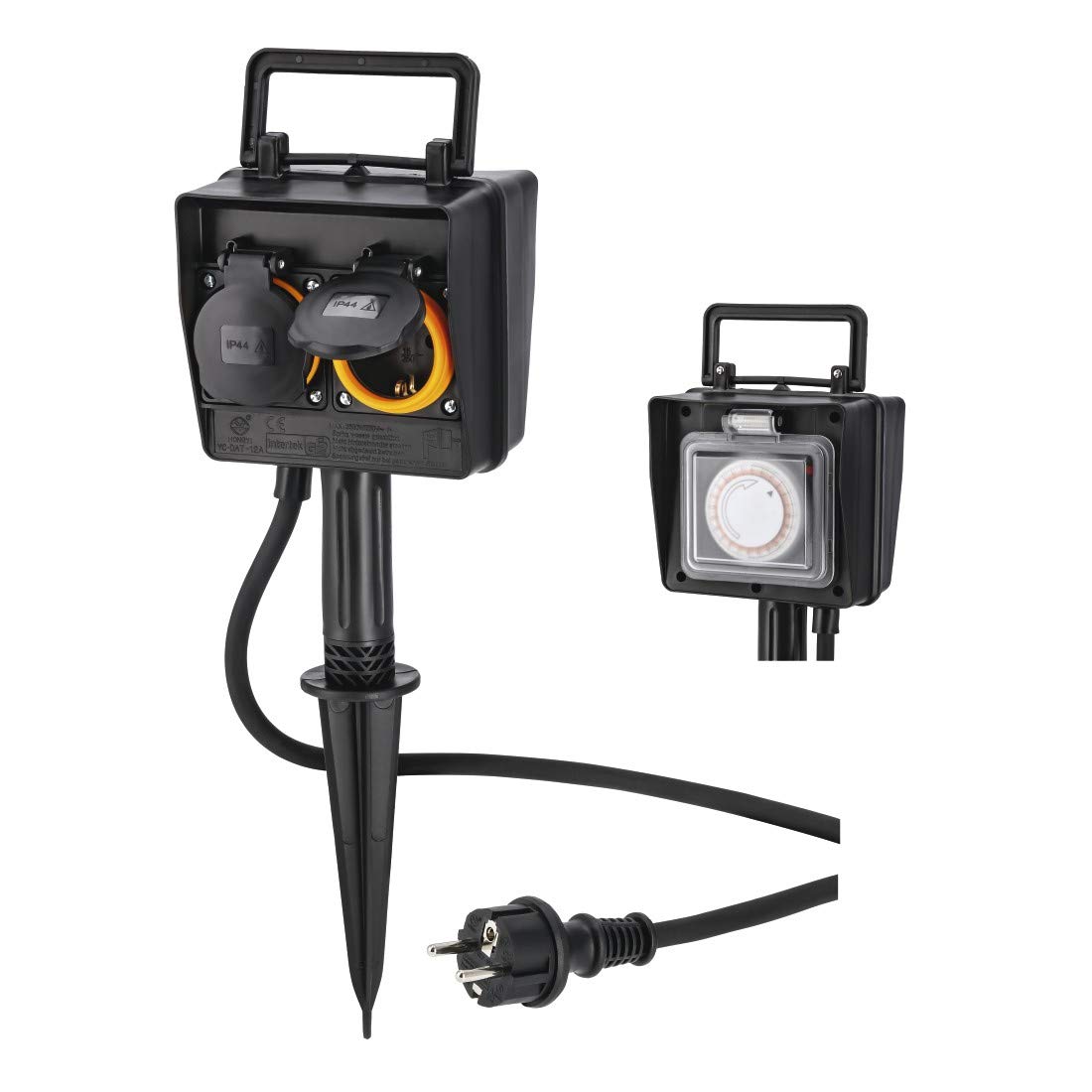 Hama Gartensteckdose 2fach, mit Zeitschaltuhr (wetterfeste Außensteckdose mit Erdspieß, IP44, Outdoor, einfach programmierbar, reduzierter Stromverbrauch, 250V) schwarz