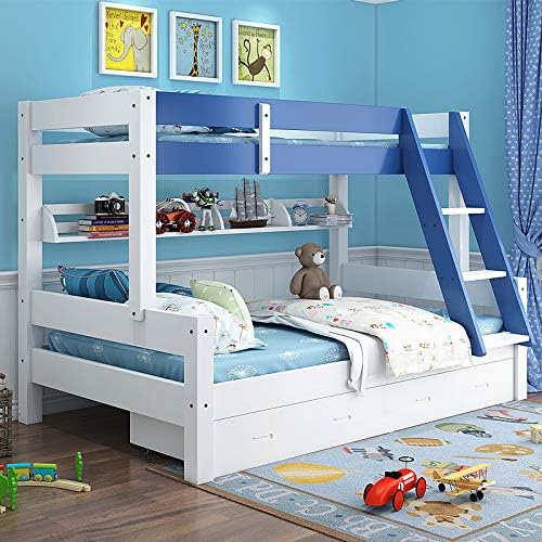 Image of KIDOMATE Mandarin Solid Wood Bunk Bed for Kids with Underbed Storage & Toy Rack | Space-Saving Twin Bed with Guard Rails, Ladder, Safety Design for Boys & Girls Bedroom (Blue, Single Over Double)