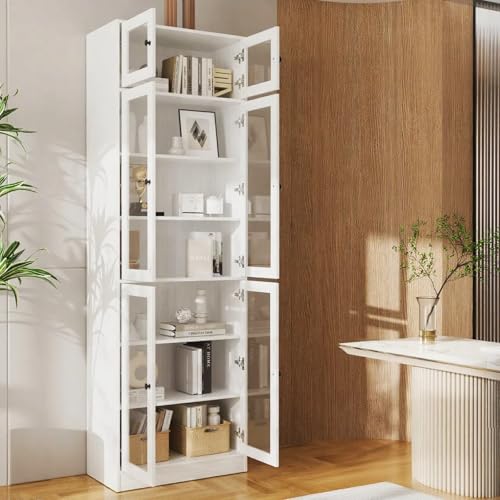 VOWNER 85.5' H Bookshelf Single Pack - Glass Door Design, 7 Tier Book Shelf, Curio Cabinets with...
