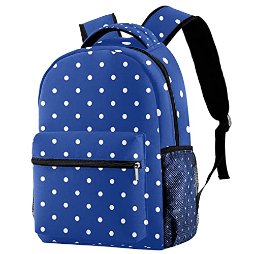Sac à dos voyage campus bleu et blanc à pois avec porte-bouteille