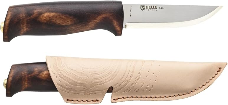 HELLE Gro - Beginner Friendly Outdoor Knife w/Leather Sheath, 3.66" Blade | Quality made in Norway with a stick tang 12C27 stainless steel blade and curly birch handle