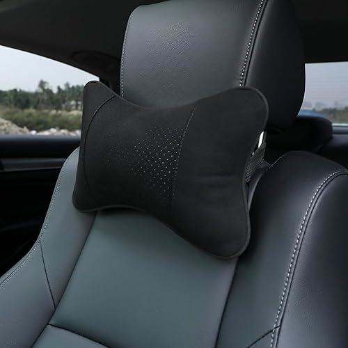 Almohada para el cuello del automóvil, reposacabezas de cuero de gamuza suave para conducir con correa ajustable (negro, paquete de 1)
