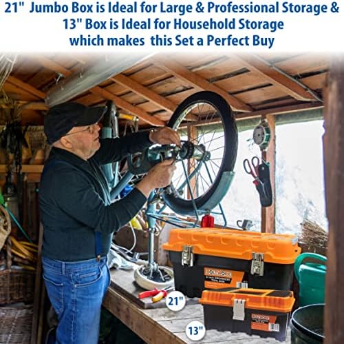 BOLTWORK Tool Box 21 inch & 13 inch Chest Case Organizer with Removable Tote Tray with Lid Metal Latches, Jumbo Size , Professional Quality Plastic for Professional & D.I. Y use.