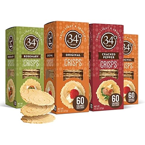 34 Degrees Crisps | Entertaining Variety Pack - 2 Original, 1 Cracked Pepper, 1 Rosemary | Thin, Light & Crunchy Variety Pack Crisps, 4 Pack (4.5oz each) Cover