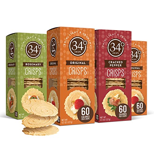 34 Degrees Crisps | Entertaining Variety Pack - 2 Original, 1 Cracked Pepper, 1 Rosemary | Thin, Light & Crunchy Variety Pack Crisps, 4 Pack (4.5oz each)
