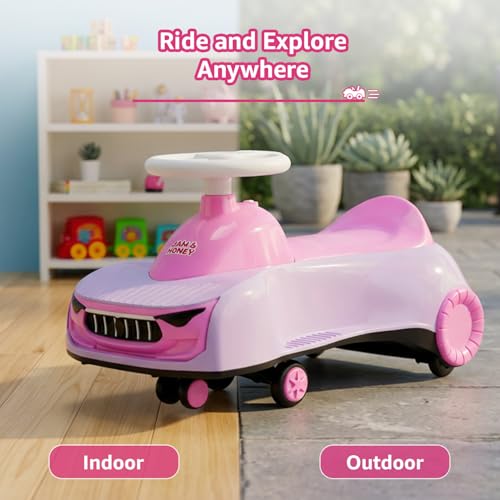 Image of Amazon Brand - Jam & Honey Ride-On Swing Car for Kids 12+ Months| Premium Design with Stable Overhang Base | PU Wheels | Supports up to 100 kg | Indoor & Outdoor - Pink
