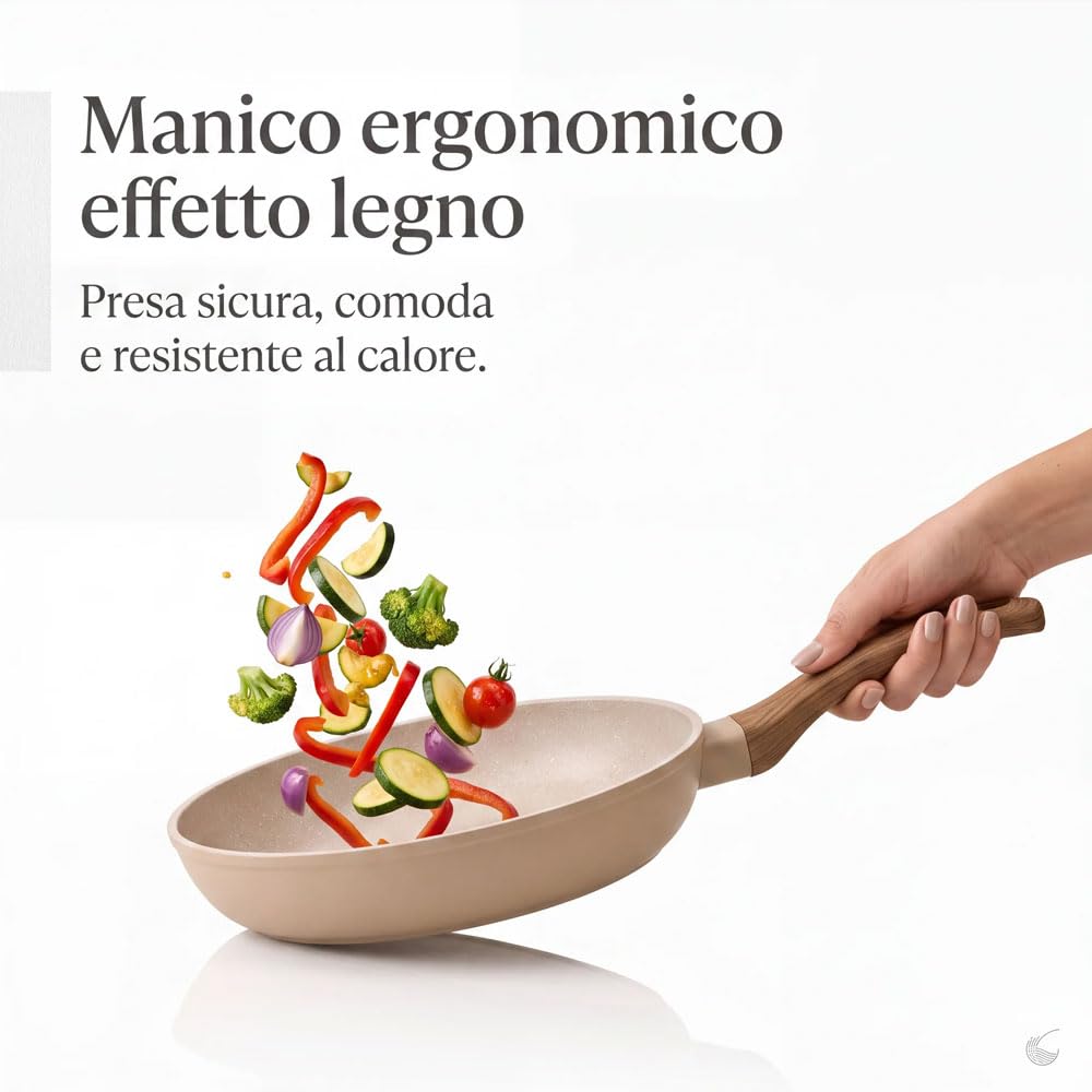 081 Store - Set 3 Padelle Antiaderenti 20, 24 e 28 cm, Padelle per Induzione, Gas e Tutti i Piani Cottura, Rivestimento Effetto Granito, Alluminio Forgiato, Senza PFOA, Manici Ergonomici Effetto Legno