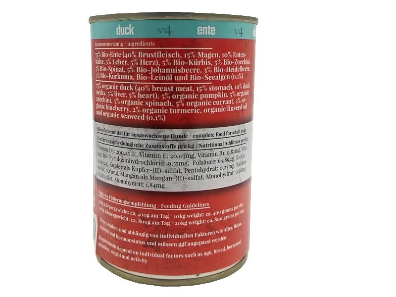 My Nassfutter Bio-Ente mit Bio Kürbis, Bio Zucchini, Bio Spinat und Bio Johannisbeeren 410g Dose mÿ Hundefutter ohne Konservierungsstoffe, künstliche Aromastoffe, Farbstoffe & Lockstoffe