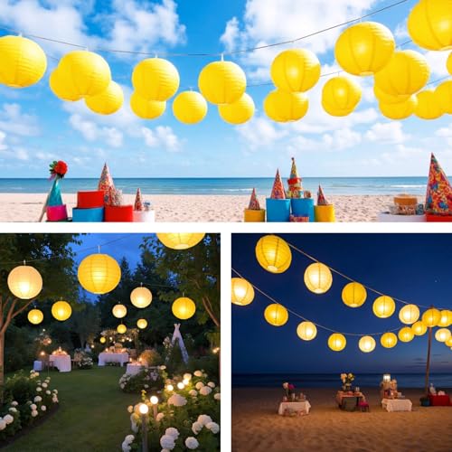 Image of Yellow Chinese Paper Lanterns with LED Lights, 10-Pack 12inch | Hanging Lights for Fall Festival, Birthday Decorations, Ceiling Decor, Home Party & Baby Shower