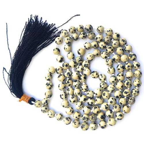 Image of Apnisanskriti Premium Dalmatian Jasper Stone Mala for Men and Women (6mm, AAA Quality, Lab Certified, 108+1) - Natural Stone Beads Mala - White & Black Dots Colour - Pack of 1