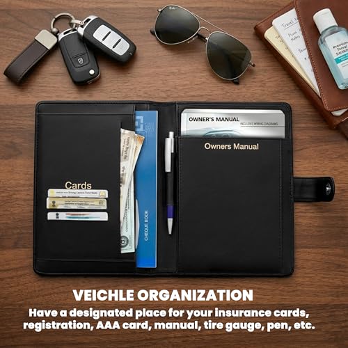Image of Storite Car Document Holder Owner Manual, Durable PU Leather Vehicle Registration & Insurance Insurance Card, Driving Licence, RC Book Organizer with Multiple Pockets (Black)