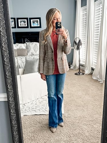 ELLEVEN Women's Lapel Collar Plaid 2 Button Boyfriend Blazer Suit Houndstooth Work Office Blazer Jacket4