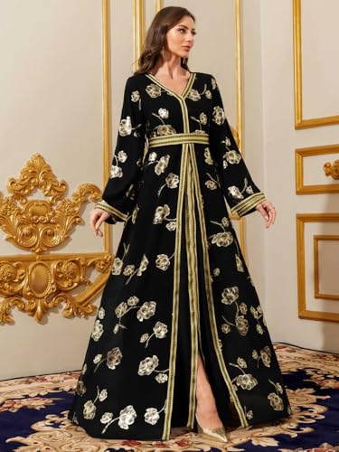Image of Abaya for Women Floral Embroidered Muslim Dress V-Neck Arabian Maxi Robe