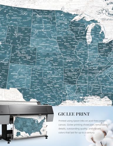 Image of IPIC - Vintage Teal USA Map Wall Art, Push Pin USA Map to Track Your Travels, Farmhouse Style Canvas Wall Decor for Home, Office, Living Room or RV, Ready to Hang, Made in USA
