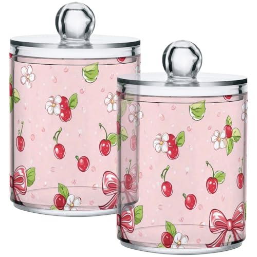 Gredecor 4 Pack Qtip Holder Clear Cherry Bow Flowers Pink (2) Apothecary Jars with Lids Acrylic Bathroom Jars Vanity Countertop Canister Storage Organizer for Cotton Ball,Swabs,Pads,Floss