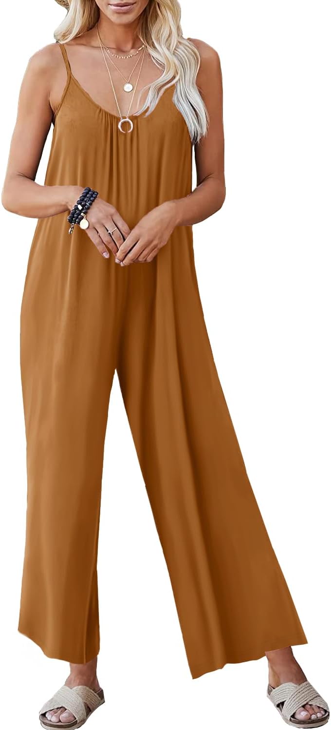 Women Casual Jumpsuits Summer Sleeveless Loose Jumpsuit Shoulder Strap Adjustable Long Pants Rompers with Pockets - Image 2