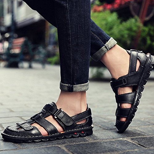 JIONS Closed Toe Leather Fisherman Sandals for Men Men's Casual Outdoor Adjustable Strap Summer Shoes (40/7.5 D(M) US, B/Black)