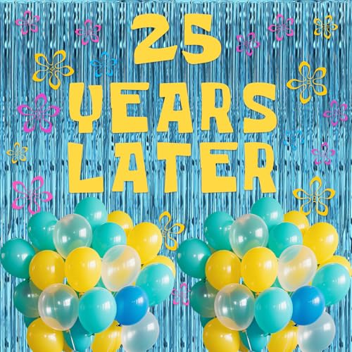 132Pcs Yellow Cartoon Party Decorations 12 Inch Clear Yellow Blue Balloons with Blue Tinsel Foil Fringe Curtains Bikini Flowers 25 Years Later Cutouts for Ocean Theme Birthday Decorations Baby Shower
