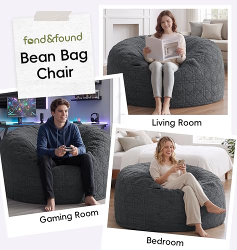 Image of 4FT Bean Bag Chair Bean Bags for Adults Large Bean Bag Beanbag Chair with Washable Cover Quilted Plush Fluffy Bean Bags Memory Foam Bean Bag Chairs Pocket Handle Bedrooms Living Room Office(Darkgrey)