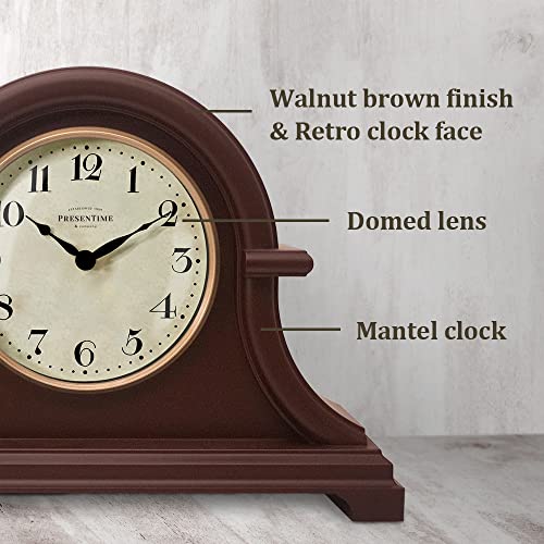 Presentime & Co Vintage Farmhouse Table Clock Series Napoleon Mantel Clock,13 X 10 Inch, Domed Lens, Quartz Movement, Walnut Brown Color #TOP2