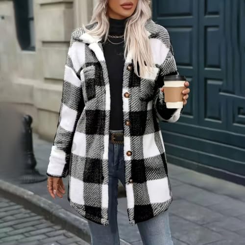 Fleece Jacket Women Hooded Plaid Winter Coat Mid Length Sherpa Jacket - image 3