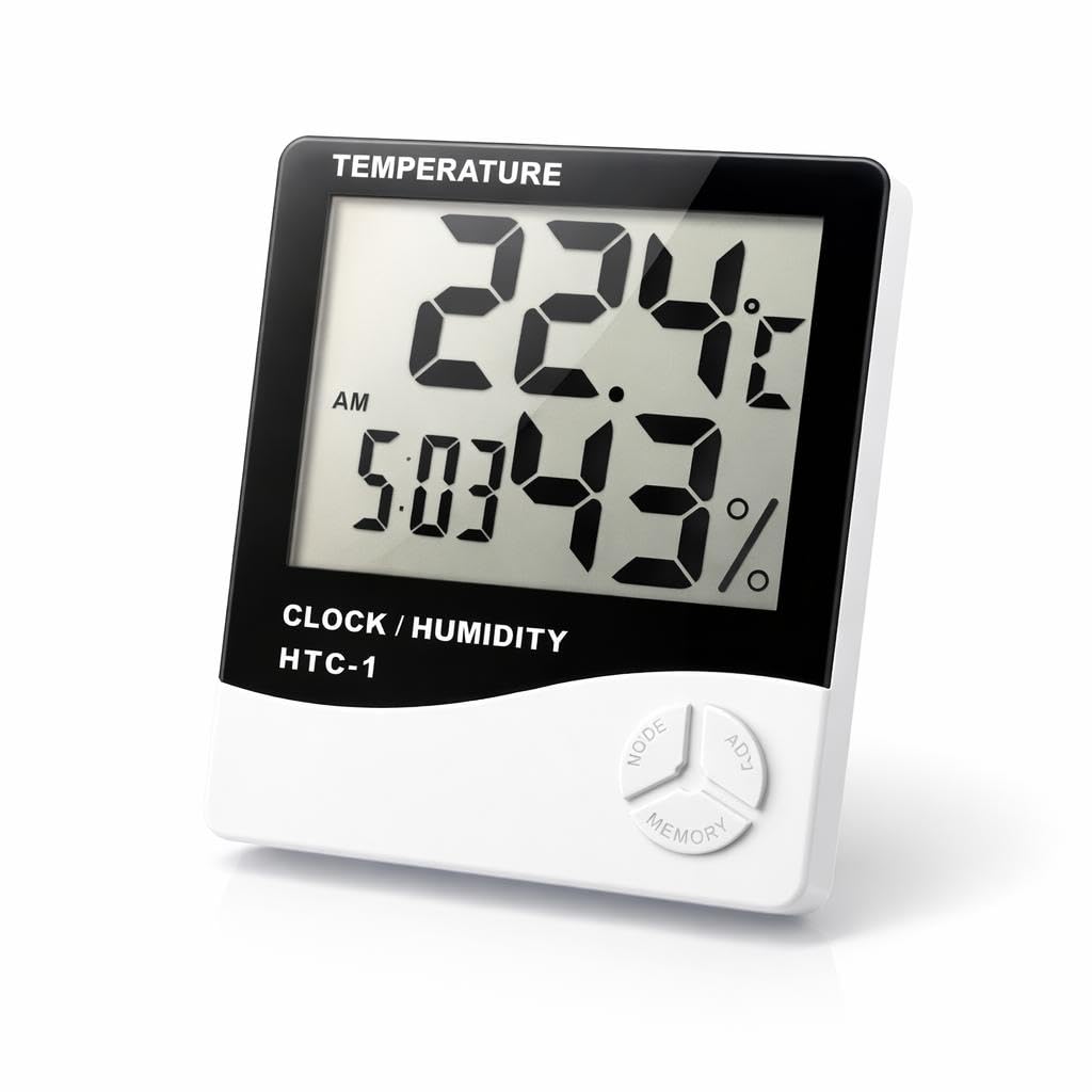 Digital Temperature Humidity Clock HTC-1, LCD Display, Indoor Thermometer Hygrometer, White and Black-image-1