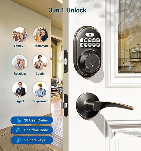 Veise Keyless Entry Door Lock With 2 Lever Handles - Electronic Keypad Deadbolt, Auto Lock, Back Lit & Easy Installation Design, Front Door Handle Sets, Oil Rubbed Bronze #TOP1