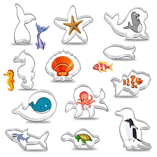 Facath Marine Animals Cookie Cutter Set, 12 Piece Under The Sea Cookie Cutter Set, Stainless Steel Biscuit Cutters Molds With Shark, Starfish, Seahorse, Octopus, Seal, Turtle And Mermaid Tail Shapes #TOP5