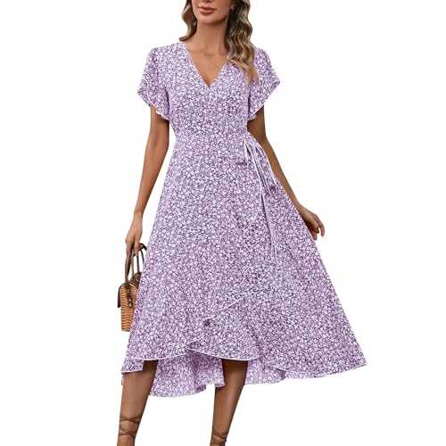Sommerkleid Damen Langarm, Midikleid Damen V Ausschnitt Leicht Schlitz Hohe Taille Blumenkleid Wrap Kleid Knielang Freizeitkleid mit Rüschen Kurzärm...