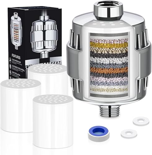 20 Stage Shower Filter, Limescale Filter, Shower Filter, Shower Head Water Filter with 3 Interchangeable Multi-Stage Filter Cartridges for Removing Chlorine and Heavy Metals (Chlorine)