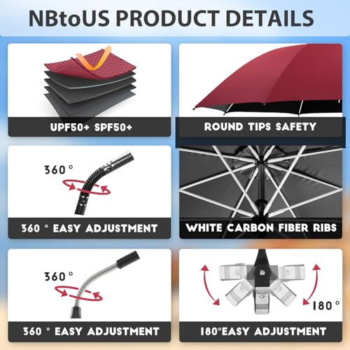 NBtoUS 2-Piece Beach Umbrella with 360 Adjustable, UPF 50+ Sun Protection, Ideal for Beach, Camping, Sand, Yard (Wine Red, No Chair Included) - Image 3