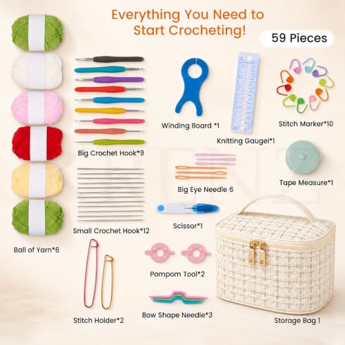 Image of KRENZ 59 Pcs Crochet Kit Set for Beginner Adults Kids Starter Kit Crochet Needles Set Crochet Kit Include 6 Yarn Crochet Hooks Stitch Markers Storage Bag All in One Crochet Hook Set with Crochet Yarn