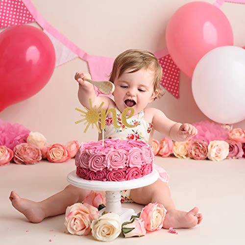 Cake Topper For Baby 1St Birthday - Gold Glitter Sunshine First Anniversary Shower Topper, Single-Sided Sun One Birthday Cake Smash Topper For Photo Booth Props, Party Cake Decorating Supplies #TOP4