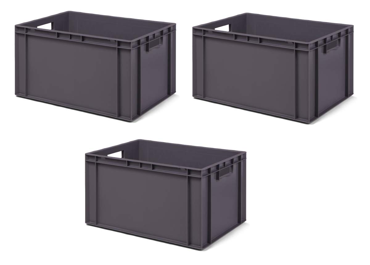 1a-TopStore 3 Stk. Transport-Stapelkasten TK632-0, grau, 600x400x320 mm (LxBxH), aus PP, Volumen: 61 Liter, Traglast: 60 kg, lebensmittelecht, made in Germany, Industriequalität