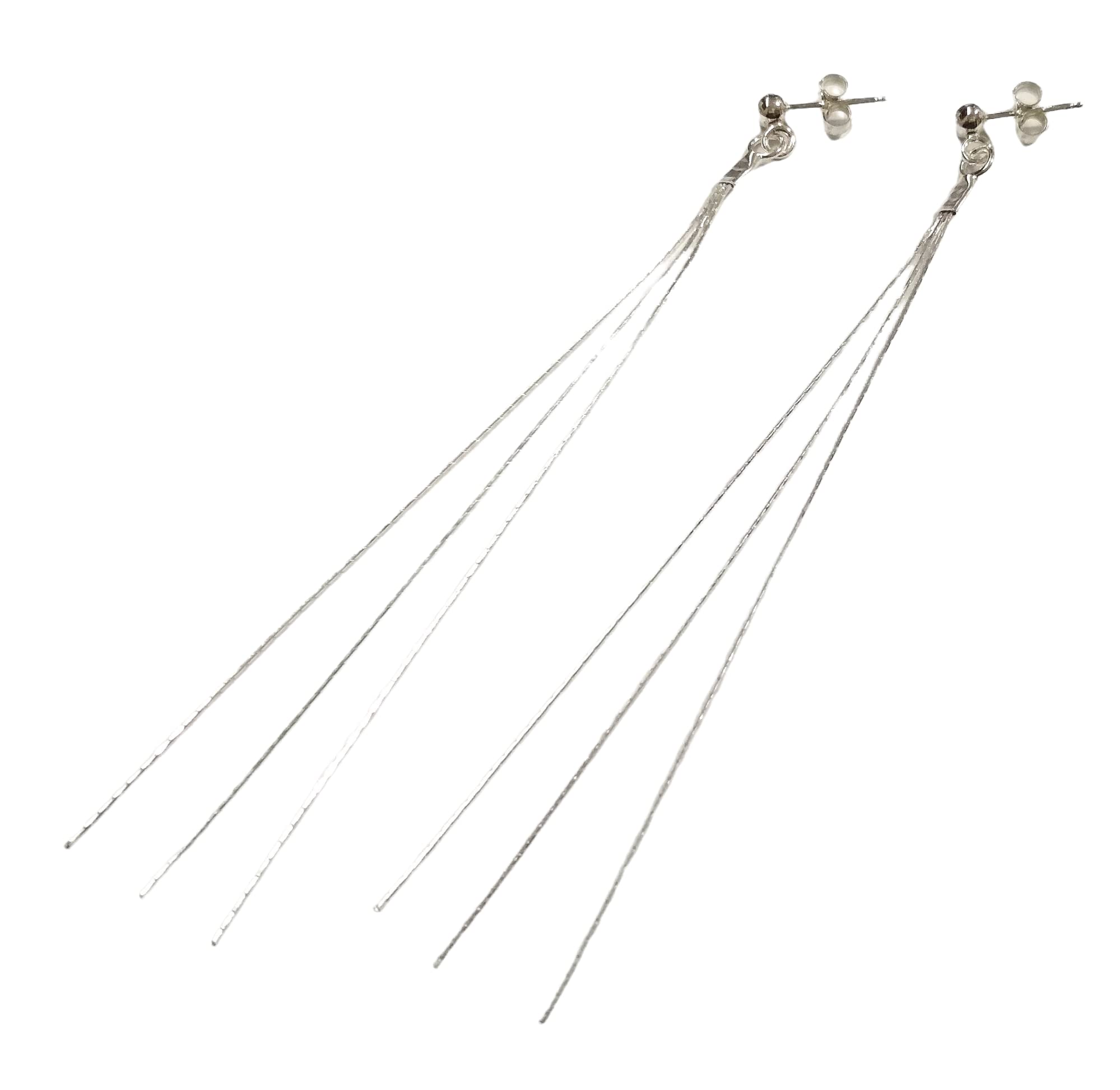 925 Sterling Silver Diamond Cut Fine Chains 3 Strands LONG DANGLE EARRINGS with Ear Posts (7" 18cm)