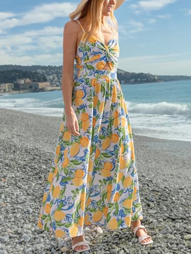 Image of CUPSHE Summer Dress for Women V Neck Sleeveless Floral Cutout Smocked Ruffled Maxi Formal Beach Dress