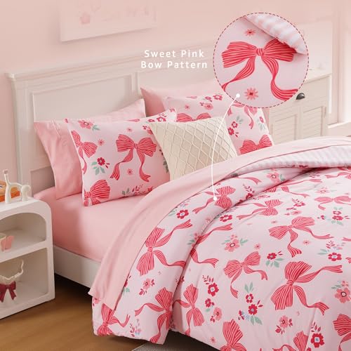 Image of Twin XL Comforter Set for Girls Pink Bow Floral 5 Pieces Bed in a Bag