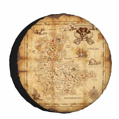Image of Treasure Map Spare Tire Cover Pirate Emblem Sailboat Compass on a Ruined Old Parchment Wheel Covers for RV Tires Camper Tire Case Protectors for Trailer Rv SUV Truck Travel Trailer 15 in