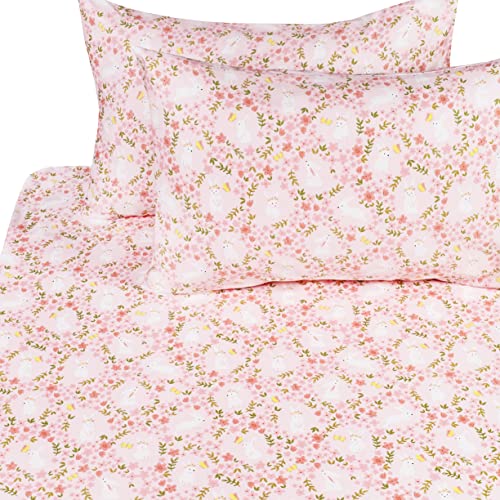 Image of Scientific Sleep Pink Flower Floral Rabbit Bunny 100% Cotton 4 Pcs Twin Bed Sheet Set Kids Toddler Teen, Flat Sheet & Fitted Sheet & Pillowcase Kids Bedding Set (Rabbit Flower, Full)