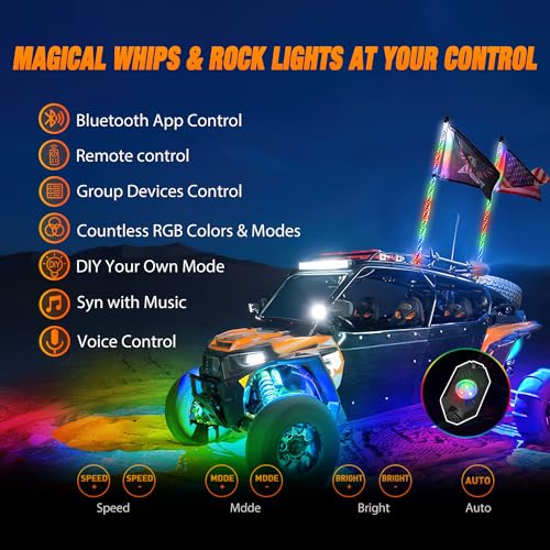 Image of Nilight 2PCS 3FT RGB LED Whip Light and 8 PCS Rock Lights Combo, Remote & App Control w /DIY Chasing Patterns Stop Turn Reverse Safety Antenna Lighted Whips for ATV UTV