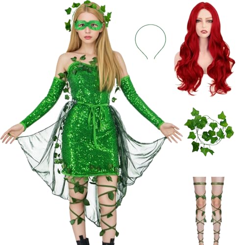 Saephaw Poison Costume Women Ivy Sequin Mini Dress with Leg Wrap Eye Mask Gloves Cape Ivy Headband Villain Halloween Cosplay M