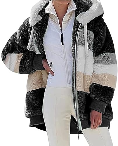 Livonmone Fleecejacke Hoodie Damen Kapuzenpullover Teddy-Fleece Warm Herbst Wintermantel Stilvoller ReißVerschluss Fellmantel PlüSchjacke Mit Taschen (Schwarz, L)