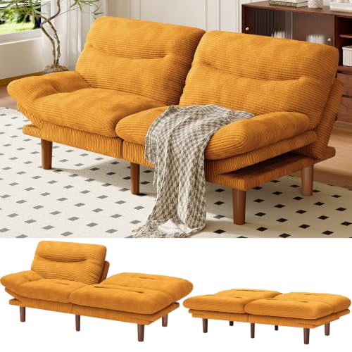 Image of Amada Convertible Corduroy Futon Sofa Bed, 66 inch, Orange