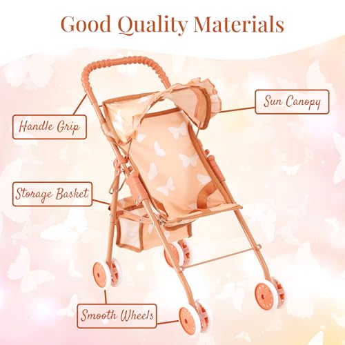 4-in-1 Baby Doll Stroller Set with Butterfly Design – Includes Toy Stroller, Crib, Bouncer & High Chair – Doll Accessories & Baby Doll Furniture Set for Toddlers 3-4 Years – Fits Dolls up to 18 Inches